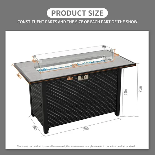 Miniatura 6 de Rattaner Mesa de Fuego de 45 Pulgadas para Exterior 60000 BTU Hoguera de Gas de Acero al Aire Libre con Superficie de Mesa de Mármol Veteado