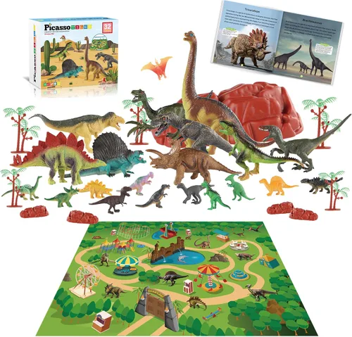 PicassoTiles Juguetes de dinosaurio con tapete de juego de 32 piezas, juego de dinosaurios, kit de aprendizaje de actividades STEAM con libro