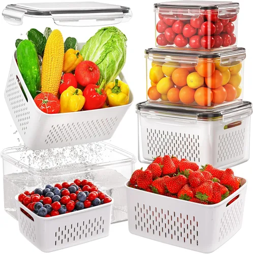 4 piezas de contenedores de almacenamiento de frutas para refrigerador, contenedores de productos para refrigerador con colador removible, tazón de