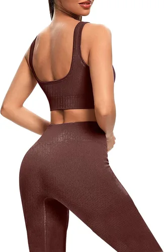Miniatura 3 de TWFRHC - Conjuntos de entrenamiento para mujer con tirantes acanalados, 2 piezas, sin costuras, cintura alta, para gimnasio, pantalones cortos