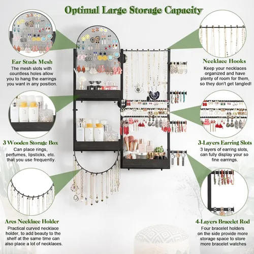 Miniatura 2 de Keebofly Organizador de joyas colgante de montaje en pared, soporte de exhibición grande para aretes, anillos, collares, pulseras, relojes y Negro
