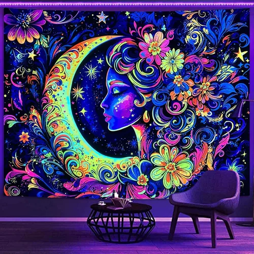Miniatura 14 de Spenlife Blacklight - Fantástico tapiz de gato negro, tapiz de pared de gato reactivo que brilla con rayos UV para decoración de habitación, tapiz