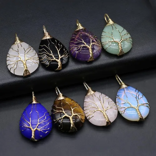Miniatura 2 de 4 colgantes de piedra natural con forma de gota de agua al azar, cristal curativo, ágata de árbol de la vida, dijes para hacer joyas, collares