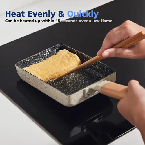 Miniatura 5 de Revestimiento de cerámica cuadrado japonés Tamagoyaki tortilla pequeña sartén, antiadherente rectangular huevo rollo pan con mango de madera Blanco