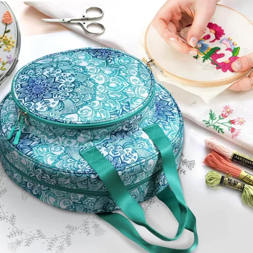 Miniatura 2 de FINPAC Bolsa para proyectos de bordado, suministros de bordado con múltiples bolsillos para hilo dental, aros, hilo, kit de herramientas de costura