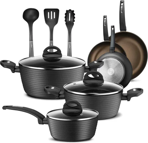 NutriChef Juego de utensilios de cocina antiadherentes anodizados duros de 12 piezas, ollas y sartenes listas para inducción con elegante patrón de