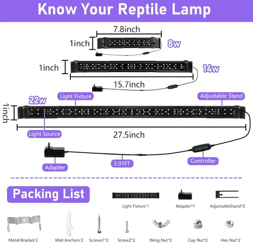 Miniatura 6 de Lámpara LED UVA UVB para reptiles, 12.0/10.0/5.0 UVB para reptiles de dragón barbudo, con 4 modos UV, atenuación de 10 niveles 6500K y temporizador