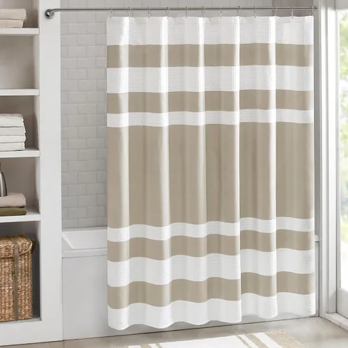 Miniatura 30 de Madison Park Cortina de ducha de tejido waffle con diseño a rayas en piezas, cortina de ducha de tela para baño con gestión de humedad 3M Rayas Taupe
