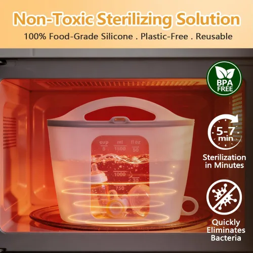 Miniatura 3 de Bolsa esterilizadora de vapor de silicona para microondas, bolsas reutilizables de 50.7 fl oz para biberones, extractor de leche, chupetes