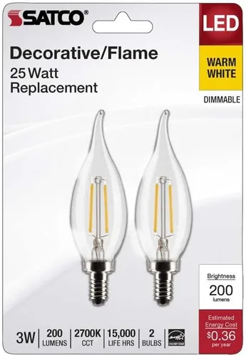 Miniatura 2 de Satco S21839-Bombilla LED CA10 de 3 W, transparente, base de candelabro, 2700 K, (1) 2 paquetes