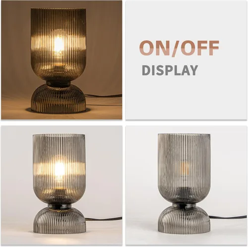 Miniatura 7 de Lámpara de mesa moderna, lámpara de vidrio de mediados de siglo con pantalla de vidrio gris ahumado, lámpara de cabecera con interruptor
