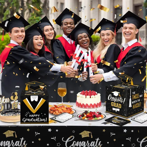 Miniatura 5 de Funrous Caja grande para tarjetas de graduación 2026 en negro y dorado con 30 piezas de tarjetas de consejos, caja de dinero, caja de dinero