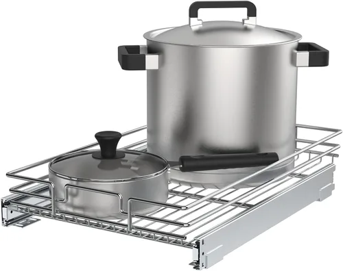 Organizador de gabinete extraíble, estante deslizante de metal resistente para armarios de cocina, cromo, no incluye accesorios de puerta (11 x 21