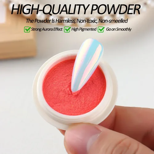 Miniatura 6 de 2 frascos de polvo de uñas cromado, rojo y dorado, aurora iridiscente, polvo de frotamiento fino cromado brillante, pigmento de efecto espejo
