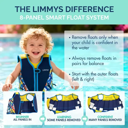 Miniatura 4 de Limmys Chaleco de natación para niños pequeños y niños, ayuda de natación de flotabilidad ajustable, certificado de seguridad CE, diseño galardonado