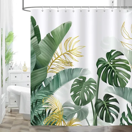 Miniatura 2 de Bonhause Cortina de Ducha de Hojas Tropicales, Cortina de Baño de Hoja de Plátano Palmera Monstera Verde Dorada 72x72 Pulgadas Tela de Poliéster