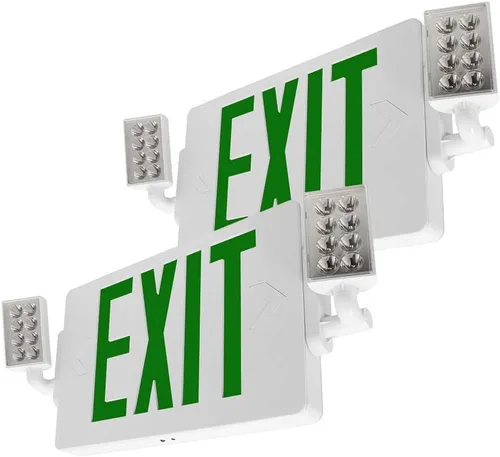 LFI Lights® Thin COMBO UL 924 Listed, LED verde, señal de salida con luces de emergencia, blanco, 120-277 VCA cableada con batería de respaldo,