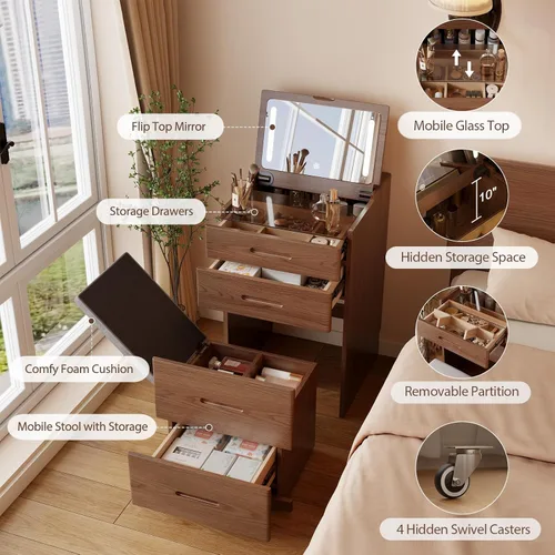 Miniatura 6 de Muwuele Escritorio de tocador 3 en 1 de madera maciza con espejo abatible, sin montaje, tocador compacto con silla oculta, pequeño juego de tocador