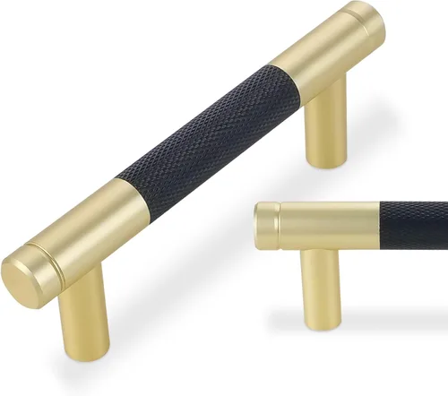 Miniatura 50 de Paquete de 10 tiradores para gabinete de cocina, tiradores mate negro y bronce champán, tiradores de cajón estriados negros, herrajes de cocina