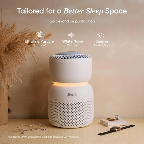 Miniatura 2 de LEVOIT - Purificador de aire para dormitorio del hogar con filtro HEPA, máquina de sonido de ruido blanco y luz nocturna libre de luz azul para un
