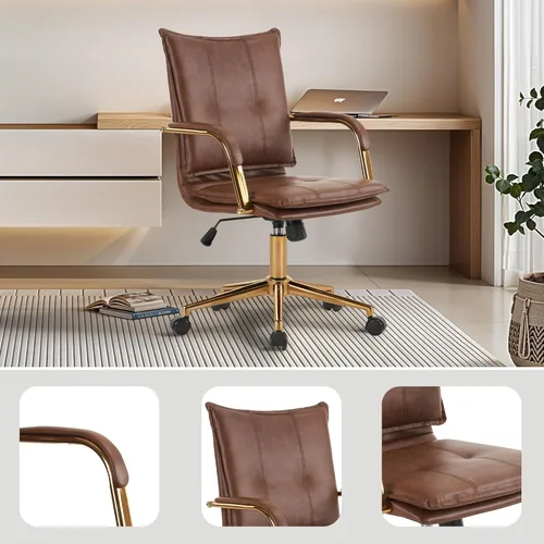 Miniatura 4 de MOJAY Silla de escritorio ergonómica de cuero con respaldo medio, moderna silla tapizada para computadora, silla de oficina ejecutiva con brazos