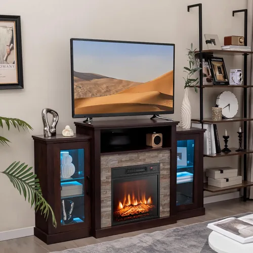 Miniatura 11 de Tangkula - Soporte de TV para chimenea eléctrica, chimenea eléctrica con repisa con luces LED de 16 colores, estantes de vidrio ajustables, control