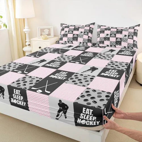 Miniatura 4 de Sábana bajera ajustable de hockey sobre hielo, tamaño individual, para adolescentes y niñas, juego de ropa de cama de hockey para decoración de sala