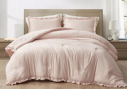 Miniatura 2 de Chezmoi Collection Nora Blush - Juego de edredón tamaño individual, 2 piezas, ligero, suave, lavado a la piedra, con volantes, ropa de cama Shabby