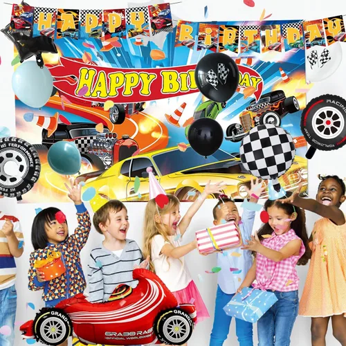 Miniatura 3 de Hot Race Cars - Kit de decoración de fiesta de cumpleaños con ruedas, incluye telón de fondo, bandera, arco de guirnalda de globos, mantel
