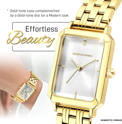 Miniatura 4 de Roberto Marino RM1982 Reloj de Lujo para Mujer Rectangular en Oro Movimiento de Cuarzo Japonés, Diseño Vintage de Acero Inoxidable, Esfera