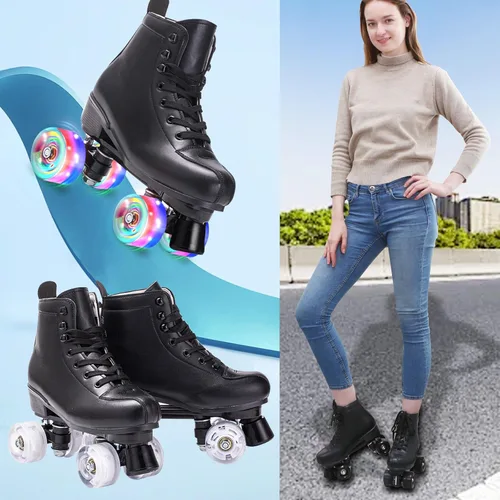 Miniatura 3 de Patines para mujer y hombre de caña alta en negro, de cuero sintético clásico, patines de doble fila ajustables para interiores y exteriores