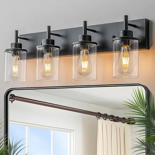 Miniatura 8 de GoYeel Accesorios de iluminación de tocador, aplique de pared negro mate de 3 luces negras con pantalla de vidrio transparente para dormitorio