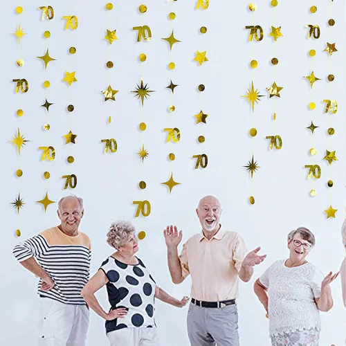 Miniatura 5 de Decoraciones doradas de cumpleaños número 70, guirnalda de estrellas centelleantes con el número 70, guirnalda metálica para colgar en banderines