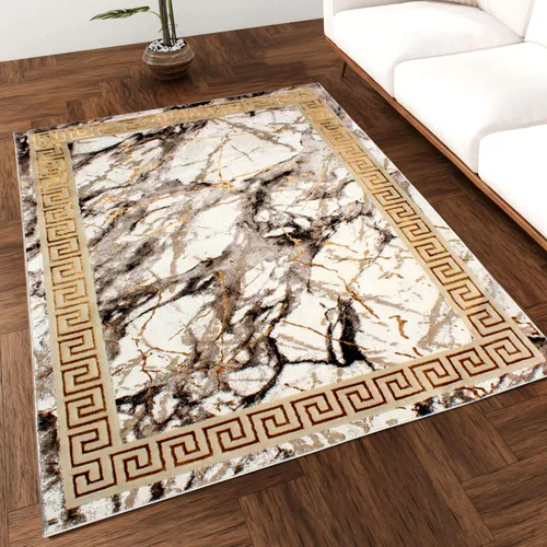Alfombra abstracta moderna de mármol de 5 x 7 | Pila mediana antideslizante y duradera | Bordes dorados con respaldo de cuero | Mejor alfombra de
