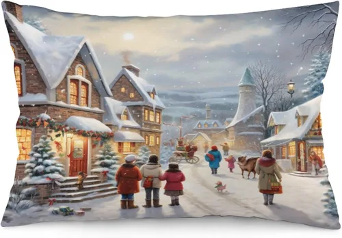 Miniatura 28 de Funda de almohada con escena de pueblo navideño con niños, fundas de almohada de 12 x 20 pulgadas, almohadas decorativas de Navidad para sofá, funda