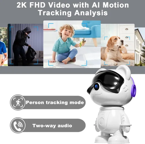 Miniatura 3 de 2K 3MP Cute Bear Cámara de seguridad para el hogar: 5G/2.4G WiFi Cámara interior para bebé/mascota/niñera - Vista de 360°, detección de humanos