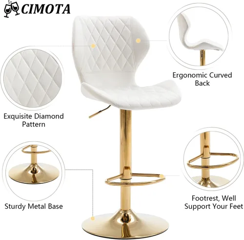 Miniatura 4 de CIMOTA Juego de 2 taburetes de bar giratorios de terciopelo blanco, sillas de bar de altura de mostrador con respaldo/base dorada, silla moderna
