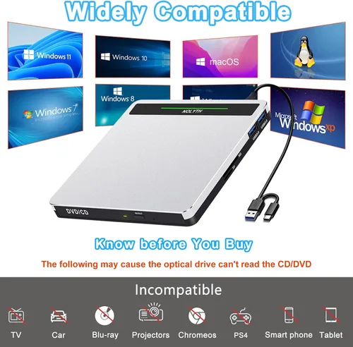 Miniatura 6 de Unidad de CD externa para portátil: USB 3.0 USB C DVD ROM quemador portátil - reproductor óptico de CD/DVD con puertos SD/TF/2 USB compatible