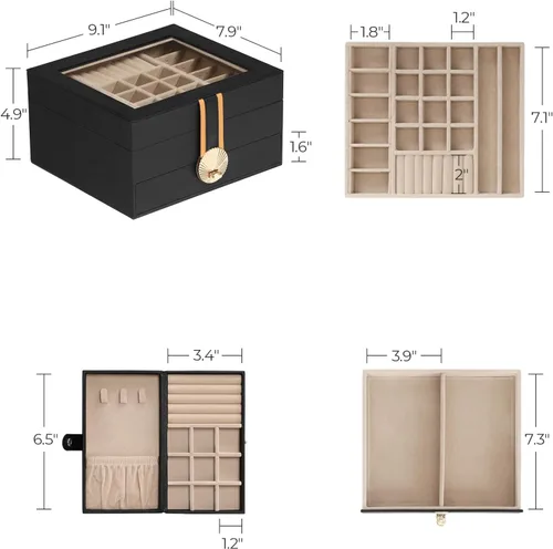 Miniatura 6 de Hzuaneri Joyero de 3 capas, organizador de joyas con tapa de vidrio, 1 soporte individual para joyas, 1 cajón, estuche de joyería de piel sintética