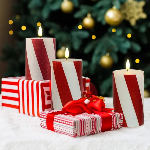 Miniatura 6 de Velas parpadeantes de Navidad sin llama con rayas rojas con purpurina, pilar de cera real, velas eléctricas LED con temporizador remoto para Rayas