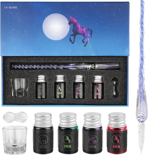 Miniatura 9 de Luxiv Juego de Plumas de Tinta de Vidrio, Pluma de Inmersión de Vidrio con Tinta Fluorescente y Soporte para Pluma, Plumas de Vidrio de Cristal