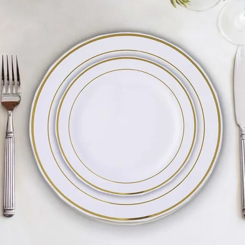 Miniatura 9 de Efavormart - Paquete de 10 platos redondos desechables de plástico Très Chic de 6 pulgadas con borde dorado, platos de postre de alta calidad
