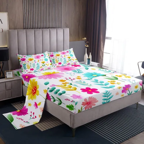 Miniatura 3 de Manfei Juego de sábanas de acuarela floral tamaño individual, juego de ropa de cama con flores botánicas, juego de sábanas de dibujos animados