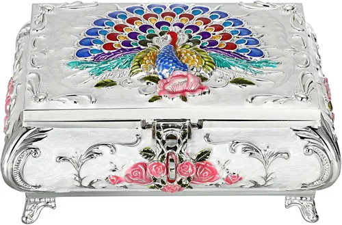 Hipiwe Joyero de metal vintage para mujeres y niñas, caja organizadora decorativa de pavo real, caja de recuerdos, caja de tesoro antiguo, caja de
