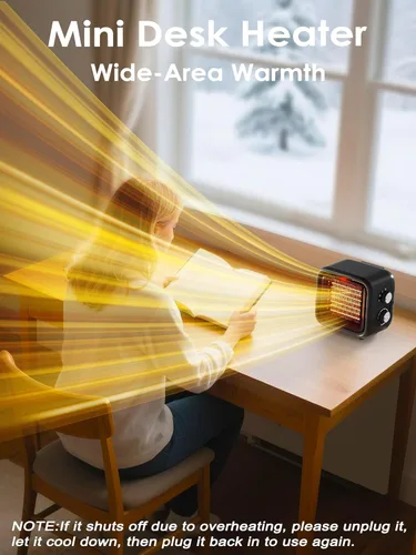 Miniatura 6 de Calentador de espacio pequeño, mini calentador de escritorio de 1500 W para oficina, calentador de cerámica PTC portátil con termostato, Negro