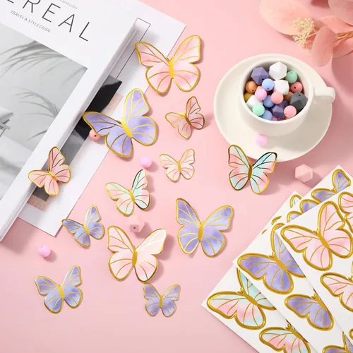 Miniatura 6 de Outus 120 piezas de mariposas 3D para decoración de pasteles, decoración de pasteles, morado, rosa, dorado, para mujeres, cumpleaños, boda, fiesta