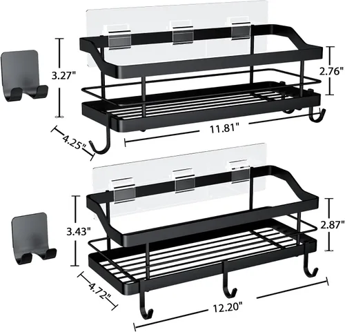 Miniatura 4 de Estante de baño para ducha, paquete de 2, cesta con 8 ganchos para colgar champú acondicionador, estante de acero inoxidable, organizador
