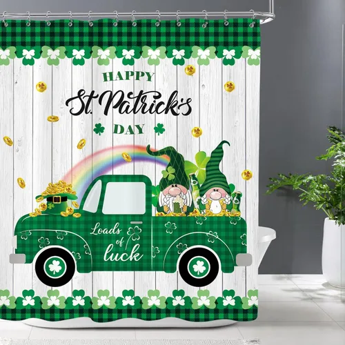 Miniatura 5 de AMBZEK Cortina de ducha del día de San Patricio, 60 pulgadas de ancho x 72 pulgadas de largo, tréboles verdes, trébol, lindo gnomo, rústico, camión