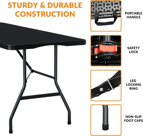 Miniatura 4 de Lakhow Mesa plegable de plástico portátil resistente de 6 pies, plegable por la mitad, mesa plegable para interiores y exteriores con fiestas, Negro