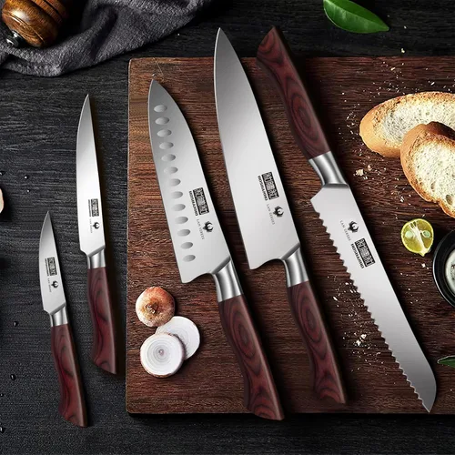 Miniatura 7 de HOSHANHO Juego de 5 cuchillos de cocina estilo japonés, cuchillos de chef profesionales ultra afilados de acero inoxidable de alto carbono con mango